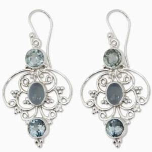 Silver Plated Retro Earrings Hollow Flower Inlaid Waterish Gemstone